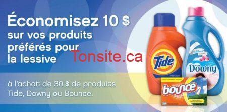 Économisez 10$ à l&#8217;achat de 30$ de produits Tide, Downy ou Bounce!, 