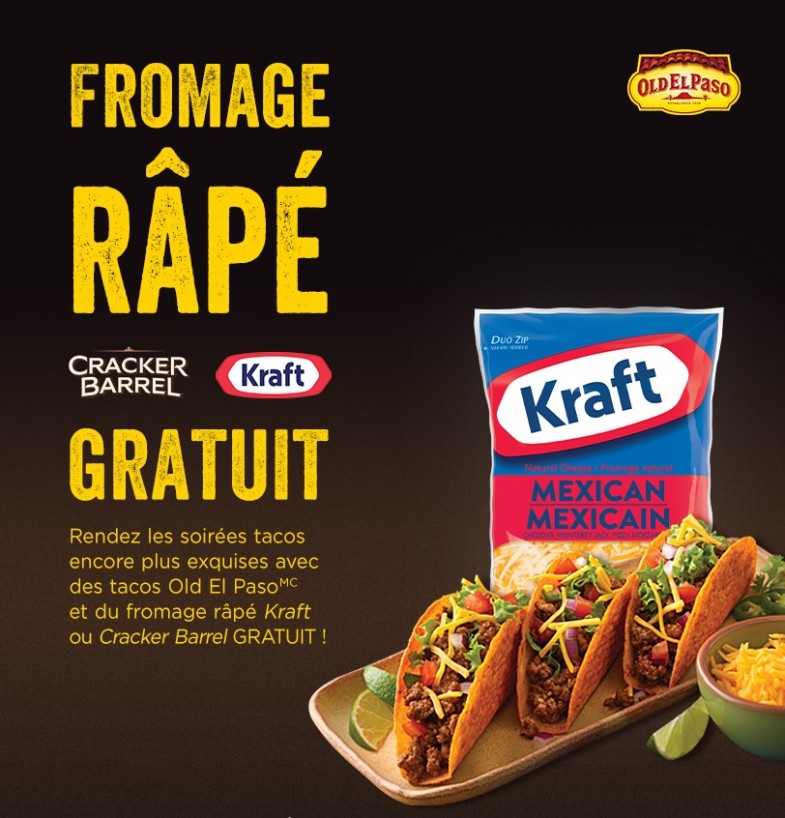 Obtenez un emballage GRATUIT de fromage râpé Kraft ou Cracker Barrel