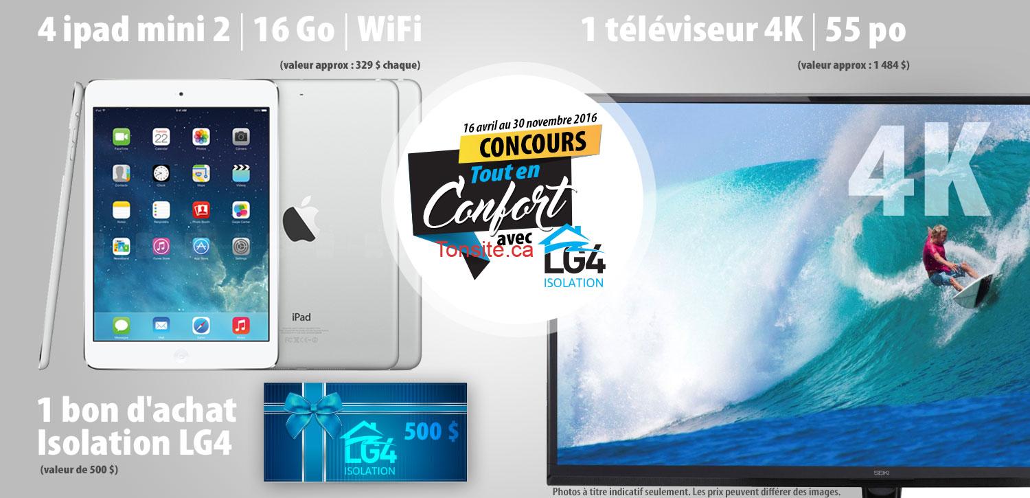 Concours LG4 Isolation: 4 ipad +1 téléviseur 4K UHD + 1 bon d&#8217;achat isolation LG4 de 500$ à gagner!, 
