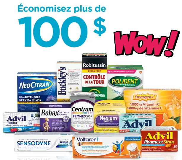 Économisez plus de 100$ avec les coupons rabais sur les produits: Advil, Voltaren, Sensodyne, Centrum et plus, 