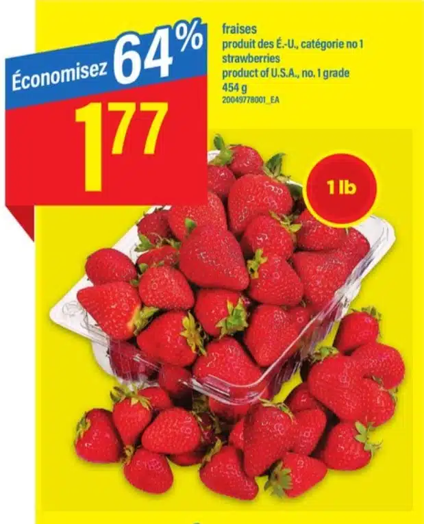 Paquet de fraises (454 g) à 1,77$ au lieu de 3,49$, 