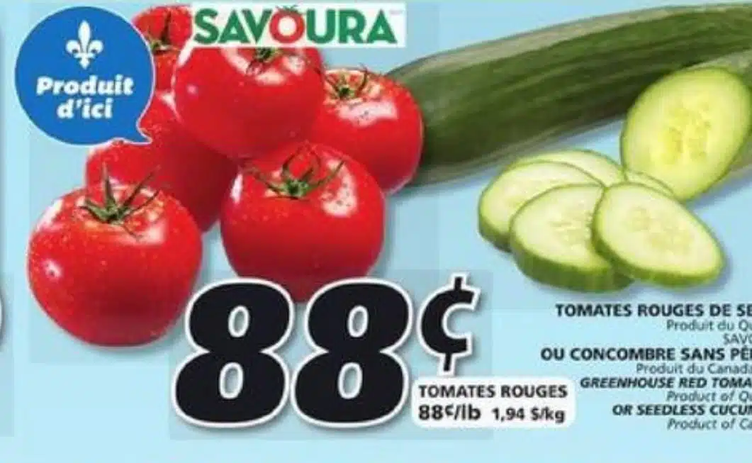Tomates Rouges de Serre et Concombres Sans Pépins à 88¢ seulement!, 